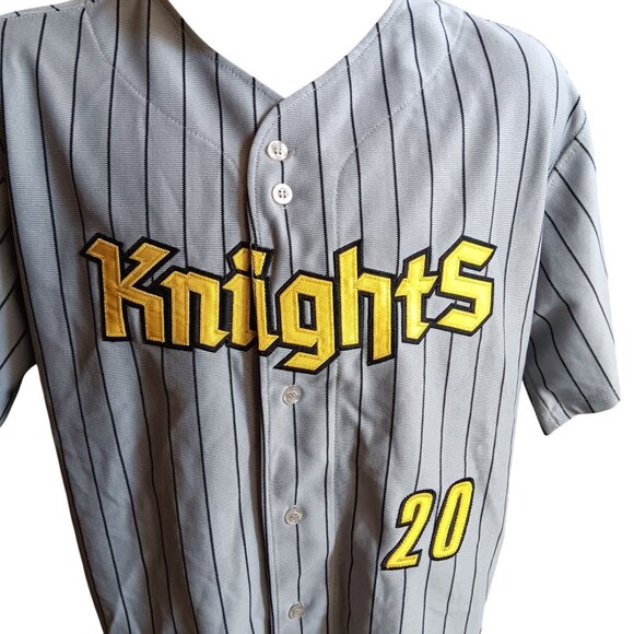 Large Vintage Y2K Knights Baseball Jersey Pinstripe Gray Yellow Sewn Letters - Picture 2 of 7